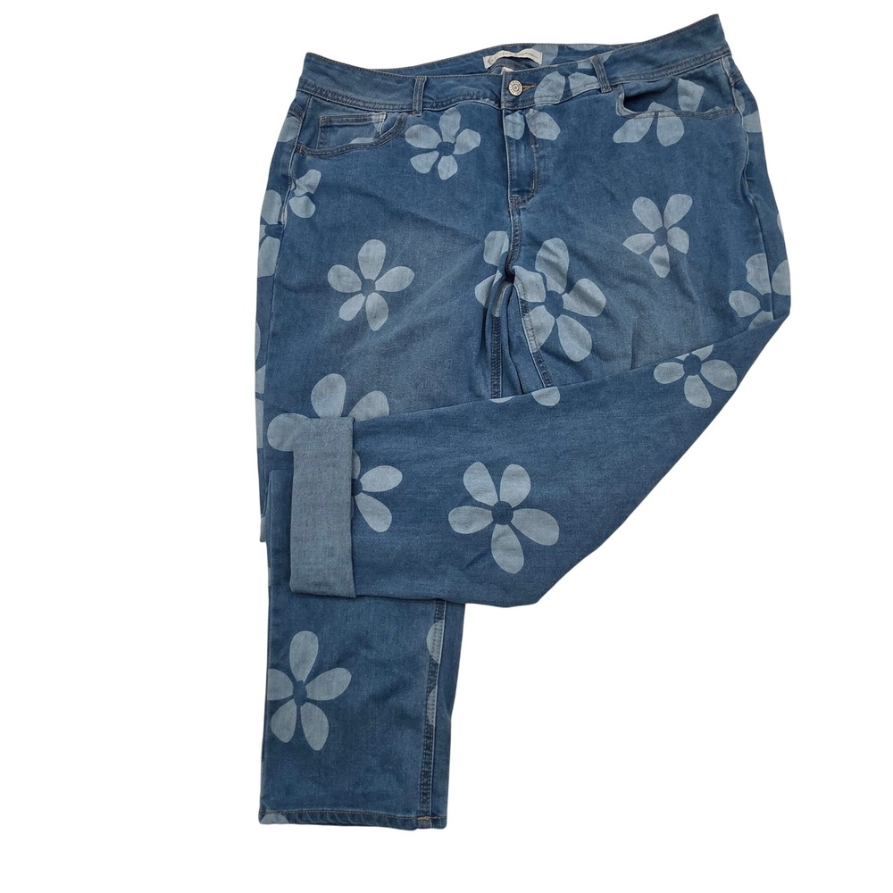 Hippie Denim Jeans 16W Blue Floral Print Hi-Rise Straight Leg Whimsical Retro